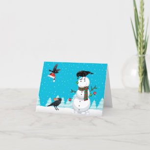 Blackbirds Decorating Snowman Ravens Christmas Holiday Card
