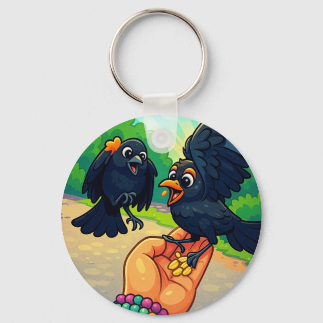 Blackbirds feeding from hand in the park cartoon key ring (Front)