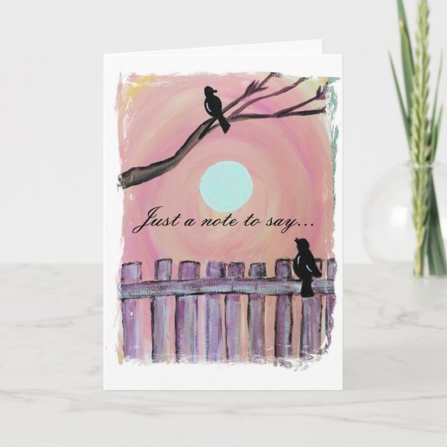 Blackbirds on Fence Sunset Moon Missing You Card (Front)