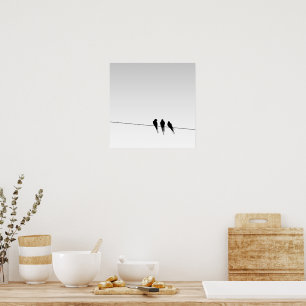 Blackbirds Silhouette on Wire on Gradient Sky Poster