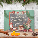 Blackboard and Christmas Foods on Table Holiday Card<br><div class="desc">The design on this Holiday Season Greeting Card depicts a table with a blackboard, Christmas foods, drinks, and decorations in a charming vintage style. The background is green, the colour tones are green, brown and red. There's a nutcracker on the left side of the table beside the blackboard, a fruit...</div>