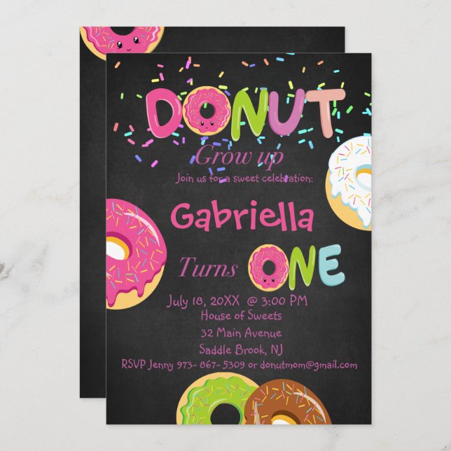 Blackboard DONUT Grow Up First Birthday Party Card (Front/Back)