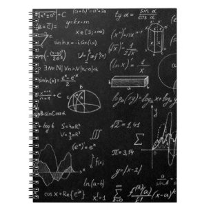 Blackboard inscribed with scientific formulas and  notebook