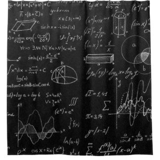 Blackboard inscribed with scientific formulas and  shower curtain