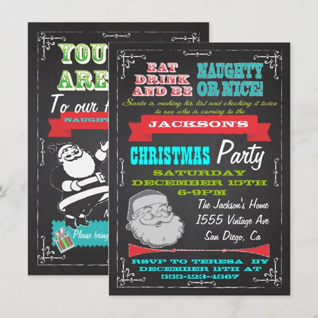 Blackboard Naughty or Nice Christmas Party Invites (Front/Back)