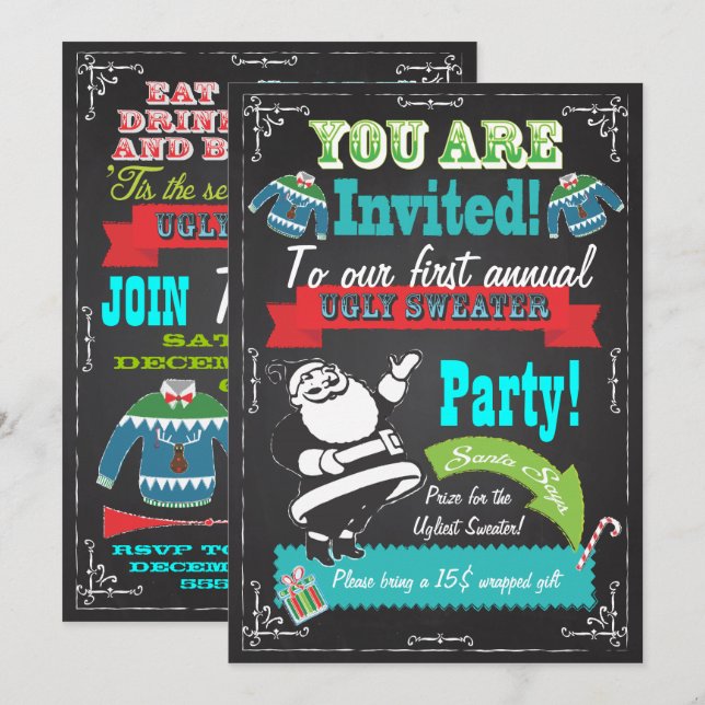 Blackboard Ugly sweater Christmas Party Invites (Front/Back)