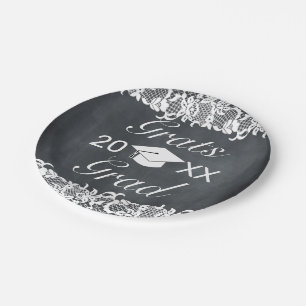 Blackboard & White Lace Cap Hat Graduation Paper Plate