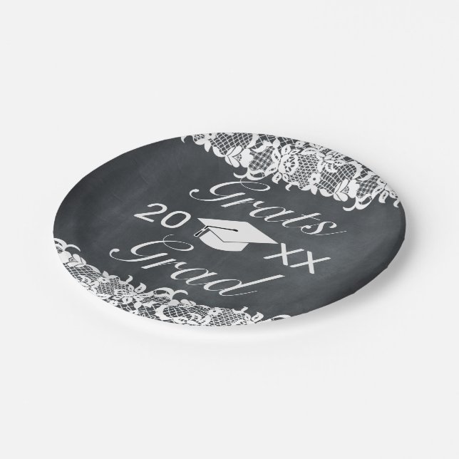 Blackboard & White Lace Cap Hat Graduation  Paper Plate (Angled)