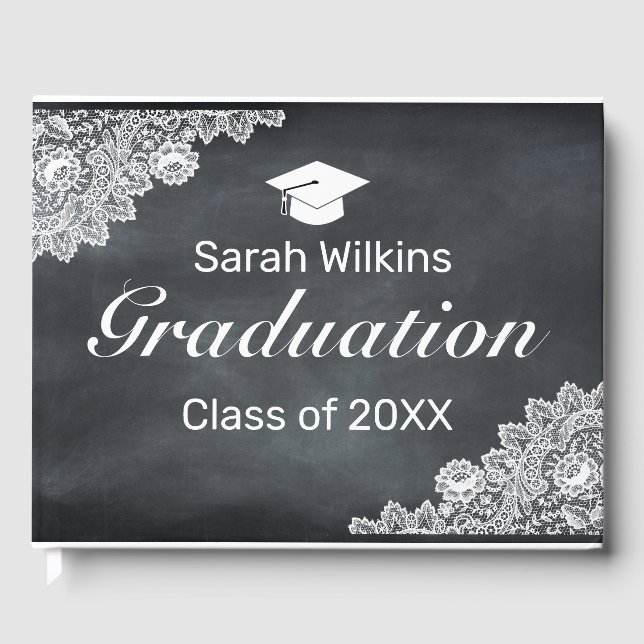 Blackboard & White Lace Graduation  Guest Book (Front)