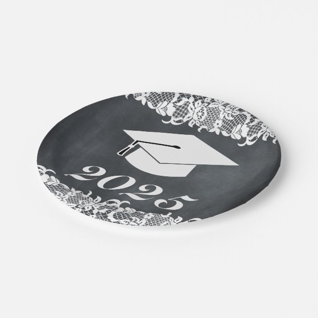 Blackboard & White Lace Graduation Hat Cap Paper Plate (Angled)