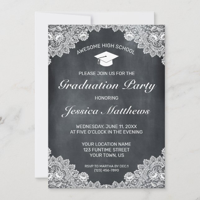 Blackboard & White Lace Graduation Invitation (Front)