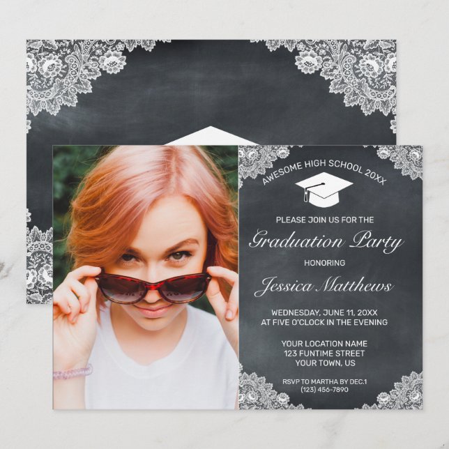 Blackboard & White Lace Graduation Photo Invitation (Front/Back)