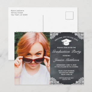 Blackboard White Lace Graduation Photo Invitation Postcard