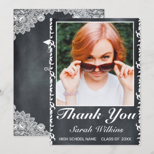 Blackboard & White Lace Graduation Photo Thank You Card