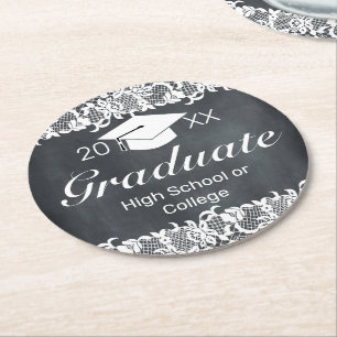 Blackboard & White Lace Hat Cap Graduation  Round Paper Coaster