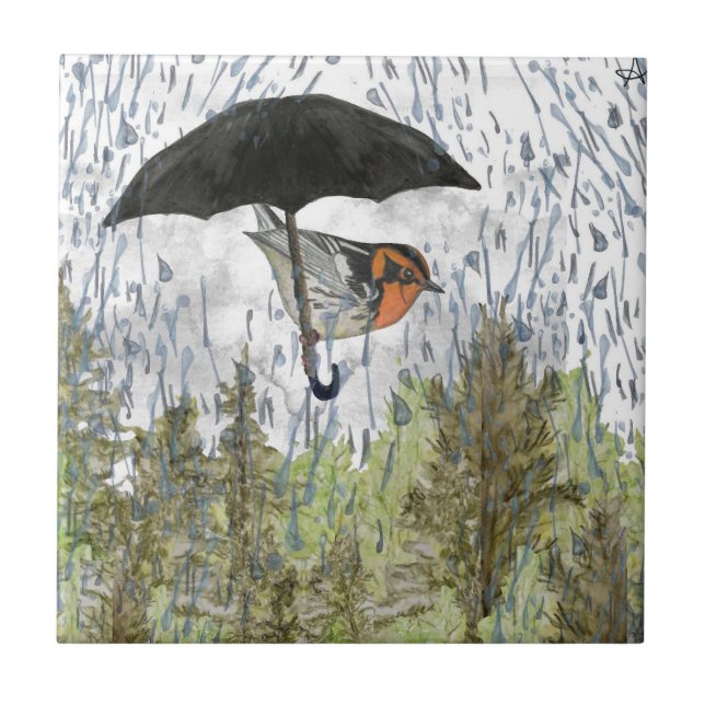 Blackburnian Warbler Bird Rainy Ceramic Tile (Front)