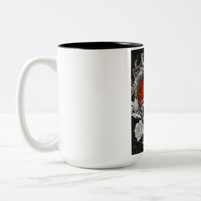 "Blackened Bonds: Gun, Bracelet, Heart Inferno" Two-Tone Coffee Mug (Left)