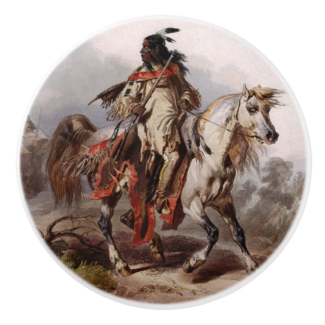 Blackfoot Indian On Arabian Horse being chased Ceramic Knob (Front)