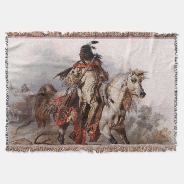 Blackfoot Indian On Arabian Horse being chased Throw Blanket (Front)