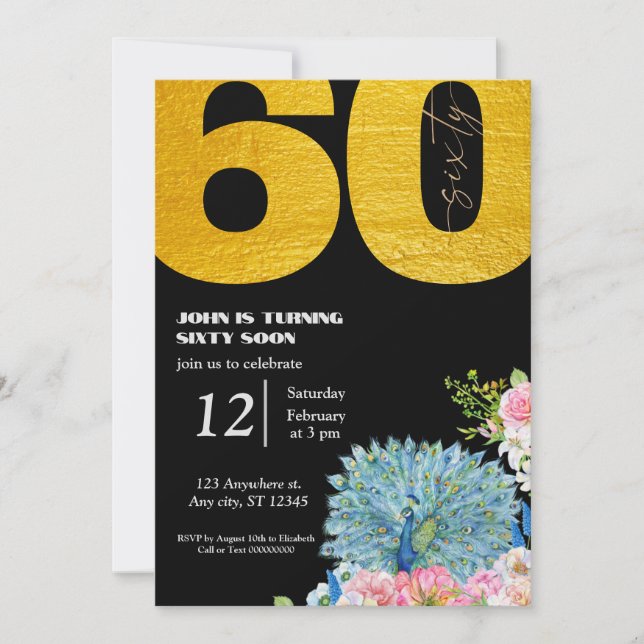 BlackGold Gold Peacock 60th Birthday Invitations  (Front)