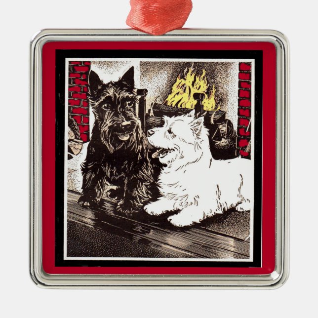 Blackie and Whitie by the fire Metal Tree Decoration (Front)