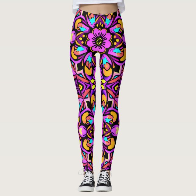 Blacklight Style Neon Wild Flowers Leggings (Front)