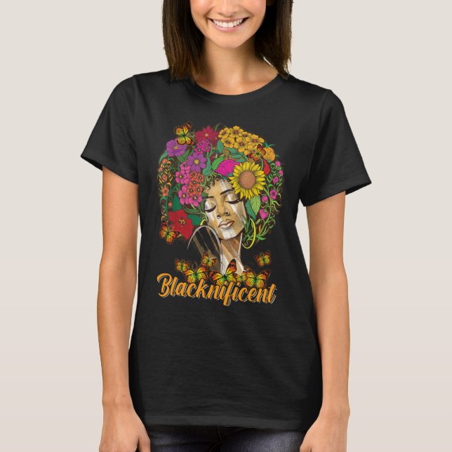 Blacknificent Floral Afro Hair Butterfly African A T-Shirt (Front)