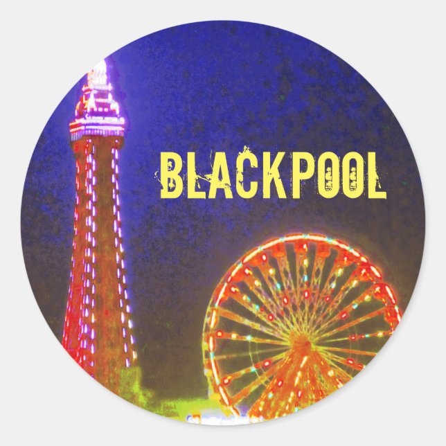 Blackpool Beach Lights at Night, Red, Gold, Blue Classic Round Sticker (Front)