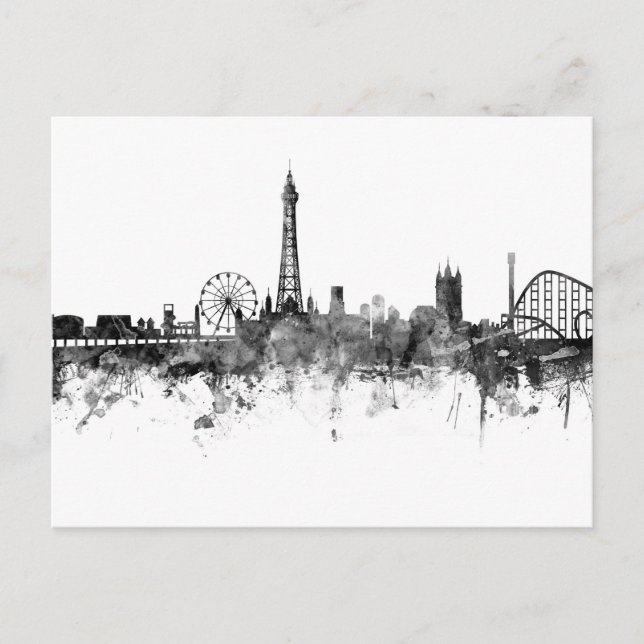 Blackpool England Skyline Black White Postcard (Front)