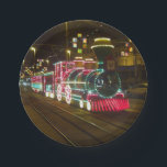 Blackpool Illuminations Tram Train Paper Plate<br><div class="desc">Paper plate with photo of tram decorated as a train with red,  green,  yellow and white lights in Blackpool as part of annual illuminations</div>