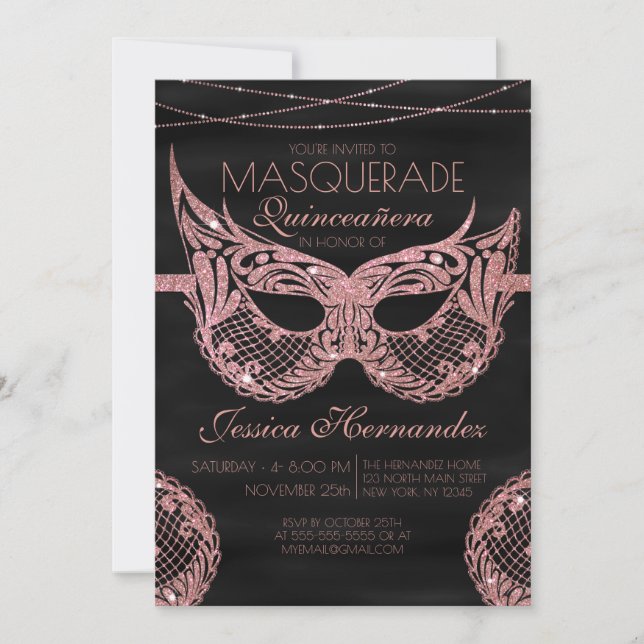 BlackRose Gold Glitter Lace Masquerade Quinceañera Invitation (Front)