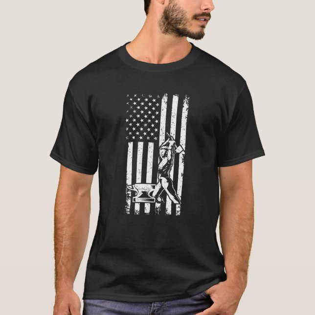 Blacksmith - Forging Hammer Anvil US Flag Metal Sm T-Shirt (Front)