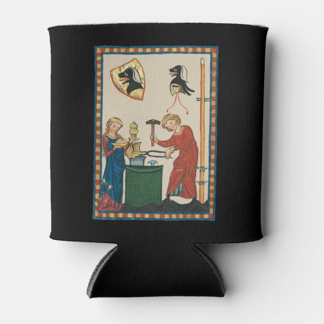 Blacksmith Forging Helmet Mediaeval Art Can Cooler (Front)