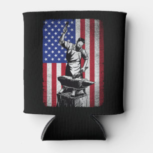 Blacksmith Forging USA American Flag  Can Cooler