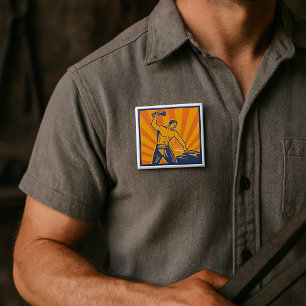 Blacksmith Hammering Retro Strongman Labour 15 Cm Square Badge