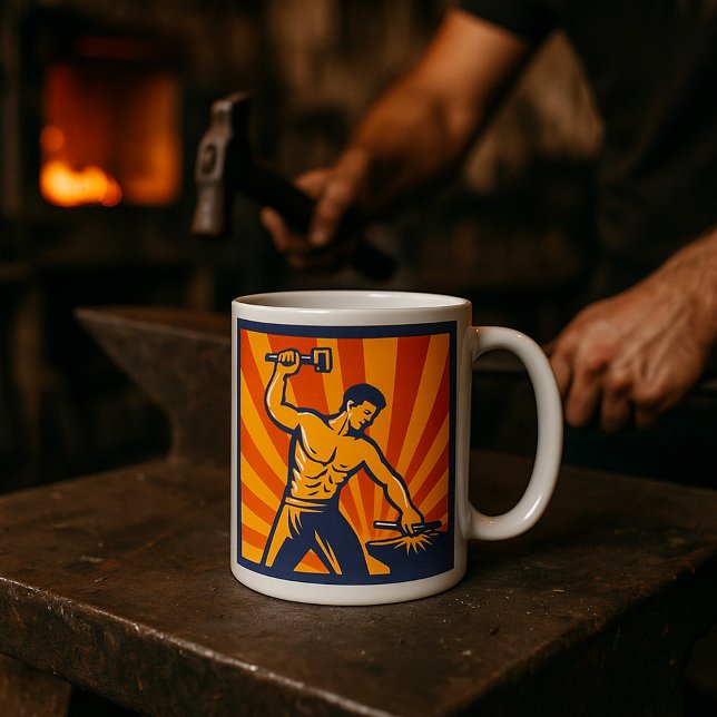 Blacksmith Hammering Retro Strongman Labour Coffee Mug (Creator Uploaded)