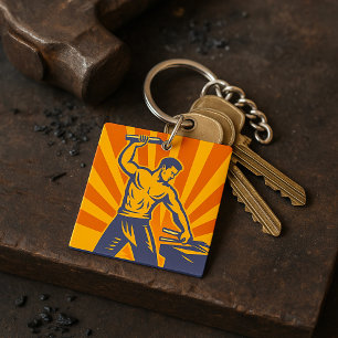 Blacksmith Hammering Retro Strongman Labour Key Ring
