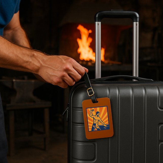 Blacksmith Hammering Retro Strongman Labour Luggage Tag (Creator Uploaded)