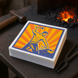 Blacksmith Hammering Retro Strongman Labour Napkin
