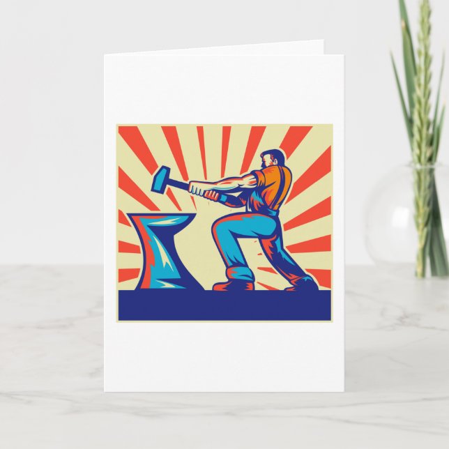 Blacksmith worker with hammer and anvil retro styl card (Front)
