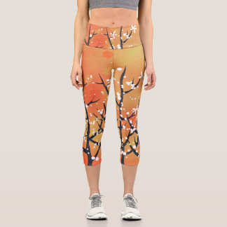 Blackthorn Blossom Spring Floral Coral Capri Leggi Leggings