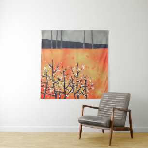 Blackthorn Blossom Spring Landscape Coral Tapestry