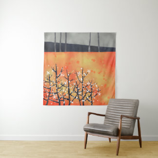 Blackthorn Blossom Spring Landscape Coral Tapestry