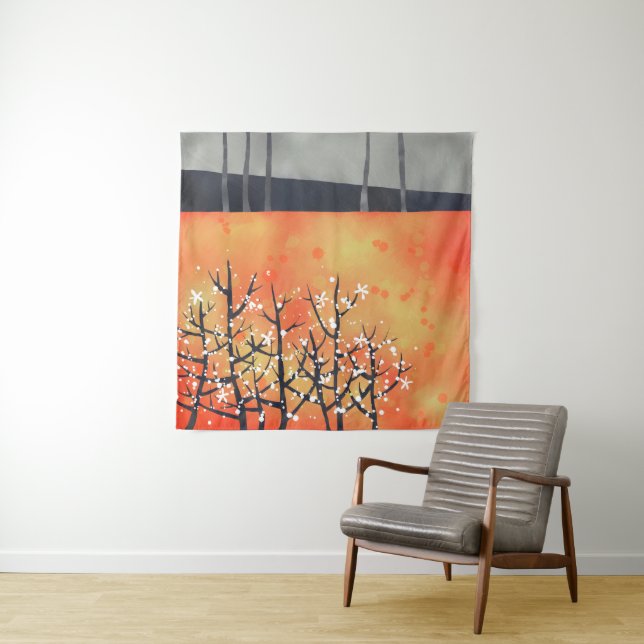 Blackthorn Blossom Spring Landscape Coral Tapestry (In Situ)