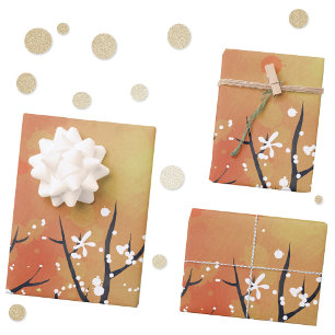 Blackthorn Blossom Spring Landscape Coral Wrapping Paper Sheet