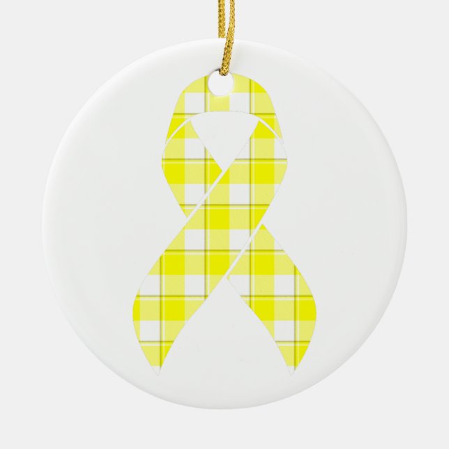 Bladder Cancer Awareness Plaid Yellow Ribbon Ceramic Tree Decoration (Front)