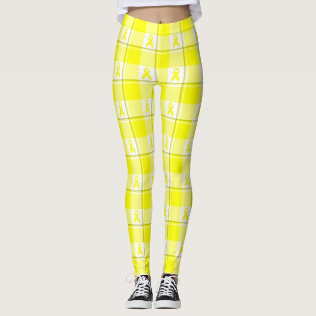 Bladder Cancer Awareness Plaid Yellow Ribbon Leggings (Front)