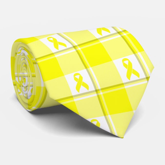 Bladder Cancer Awareness Plaid Yellow Ribbon Tie (Rolled)