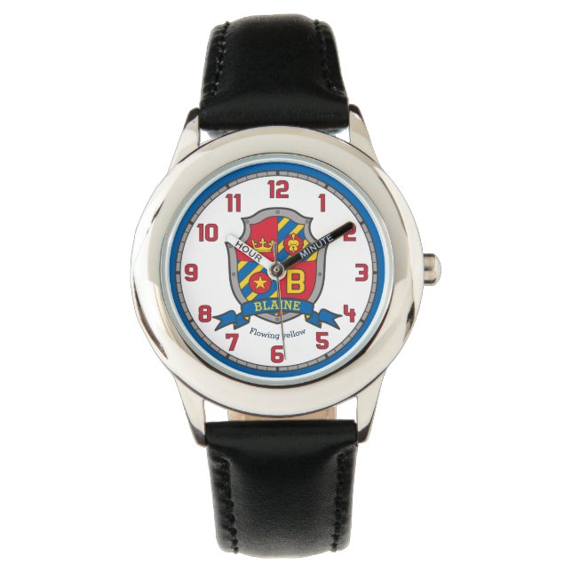 Blaine boys custom name crest red blue yellow lion watch (Front)