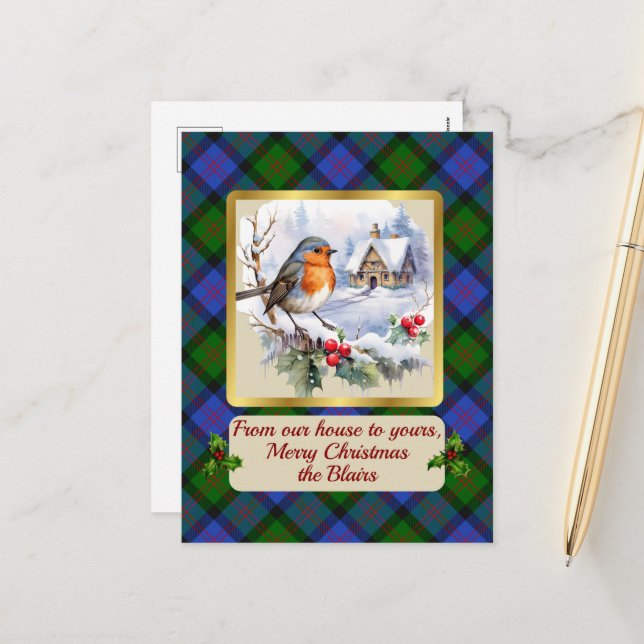 Blair Crest & Tartan w/Robin Personalised   Holiday Postcard (Front/Back In Situ)